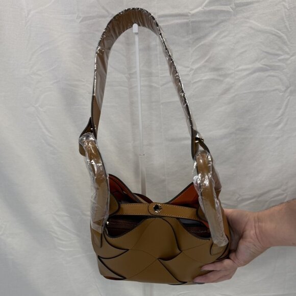 Caramel Woven Leather Bucket Bag, Loop Handles, Removable Shoulder Strap, NWOT - Picture 5 of 16